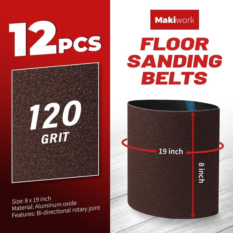makiwork 8 inch x 19 inch 120 Grit Sanding Belts, 12 Pack, EZ 8 Drum Sander Sandpaper Rolls for Woodworking and Floor Polishing, Aluminum Oxide Sander Sleeves - Image 2